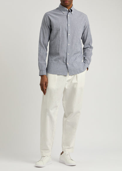 OLIVER SPENCER | Chemise seersucker à rayures blanc "Brook" - Bleu