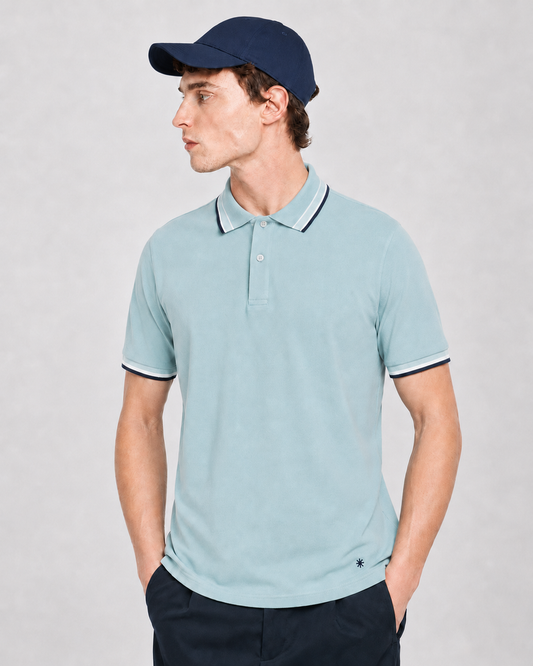 Manuel Ritz | Polo en piqué avec col contrasté  - Bleu clair/ Marine