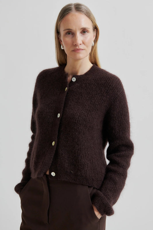 Second Female | Cardigan Andrea en laine et mohair côtelé - Prune au chocolat