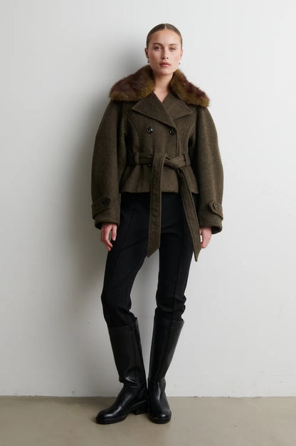 SECOND FEMALE | Manteau avec ceinture 'Agola' | Noir olive