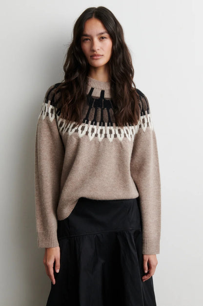 SECOND FEMALE |  Pull à motif en tricot à col rond 'Arlo' | Beige chiné