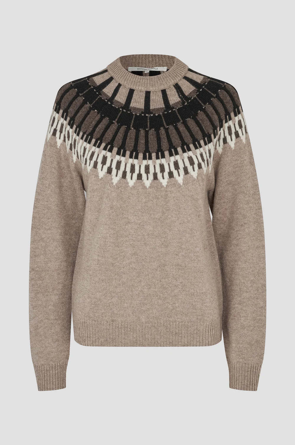 SECOND FEMALE |  Pull à motif en tricot à col rond 'Arlo' | Beige chiné