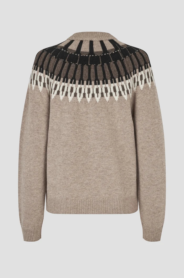 SECOND FEMALE |  Pull à motif en tricot à col rond 'Arlo' | Beige chiné