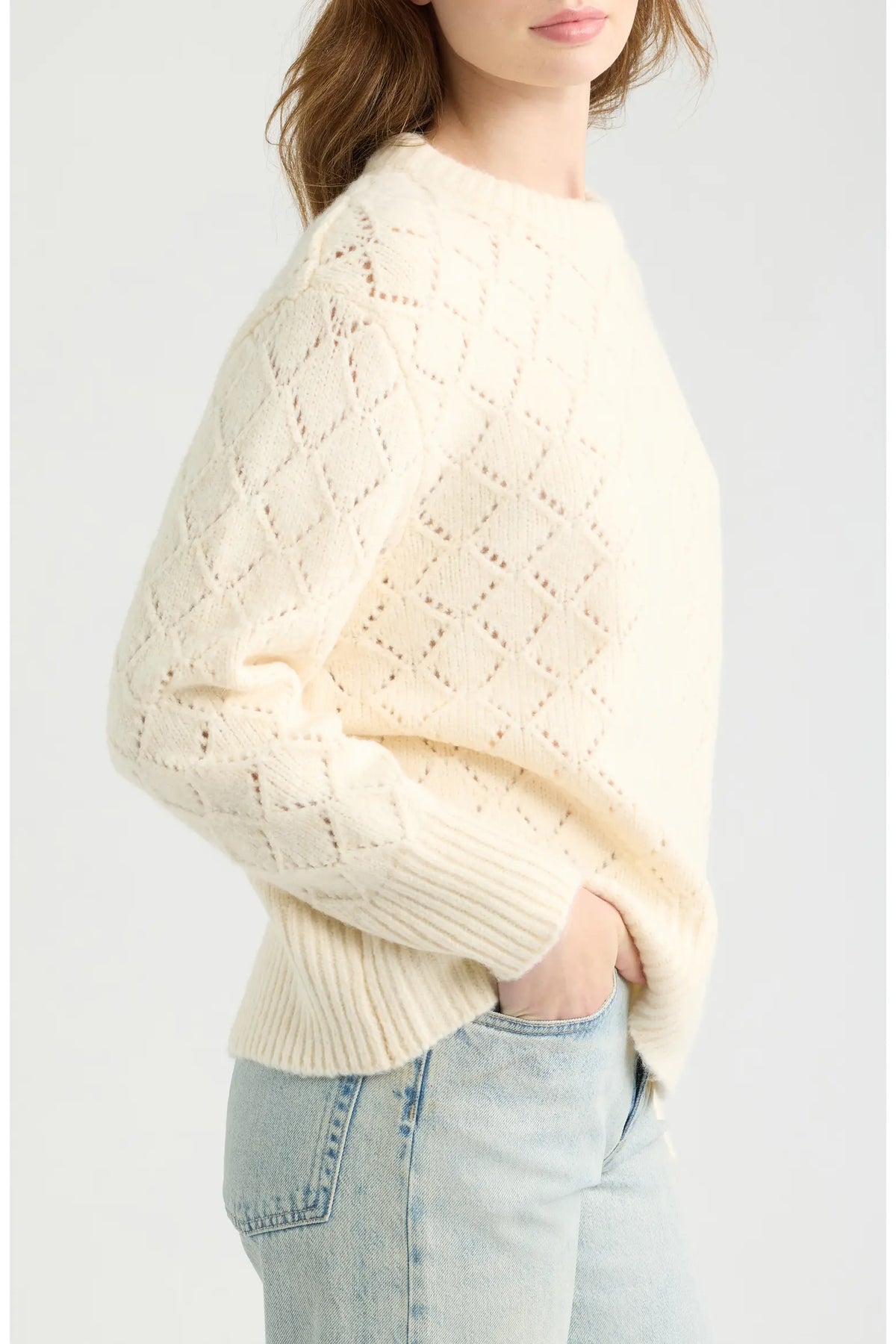 Dèluc | Pull à col rond en tricot pointelle 'Vitosha' | Ecru