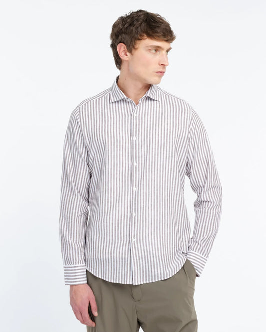 Manuel Ritz | Chemise slim fit en coton et lin délavée - Rayures taupe