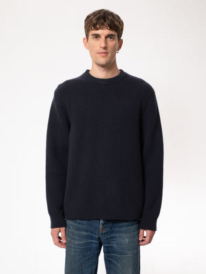 Nudie Jeans | Pull en laine côtelée "August" - Bleu marine