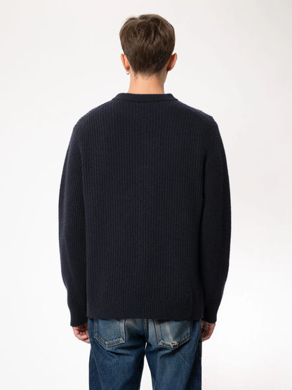 Nudie Jeans | Pull en laine côtelée "August" - Bleu marine