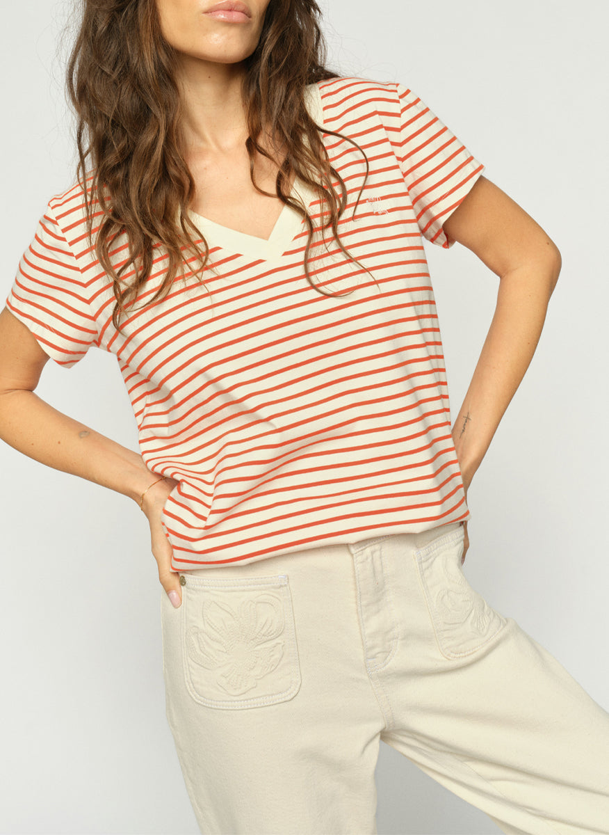 MOS MOSH | T-shirt rayé"KALA" Blanc cassé et orange