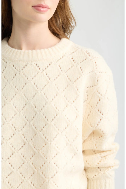 Dèluc | Pull à col rond en tricot pointelle 'Vitosha' | Ecru