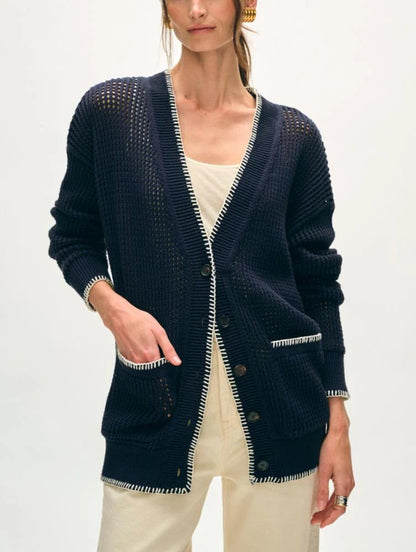 White + Warren | Cardigan en coton organique - Marin/ivoire