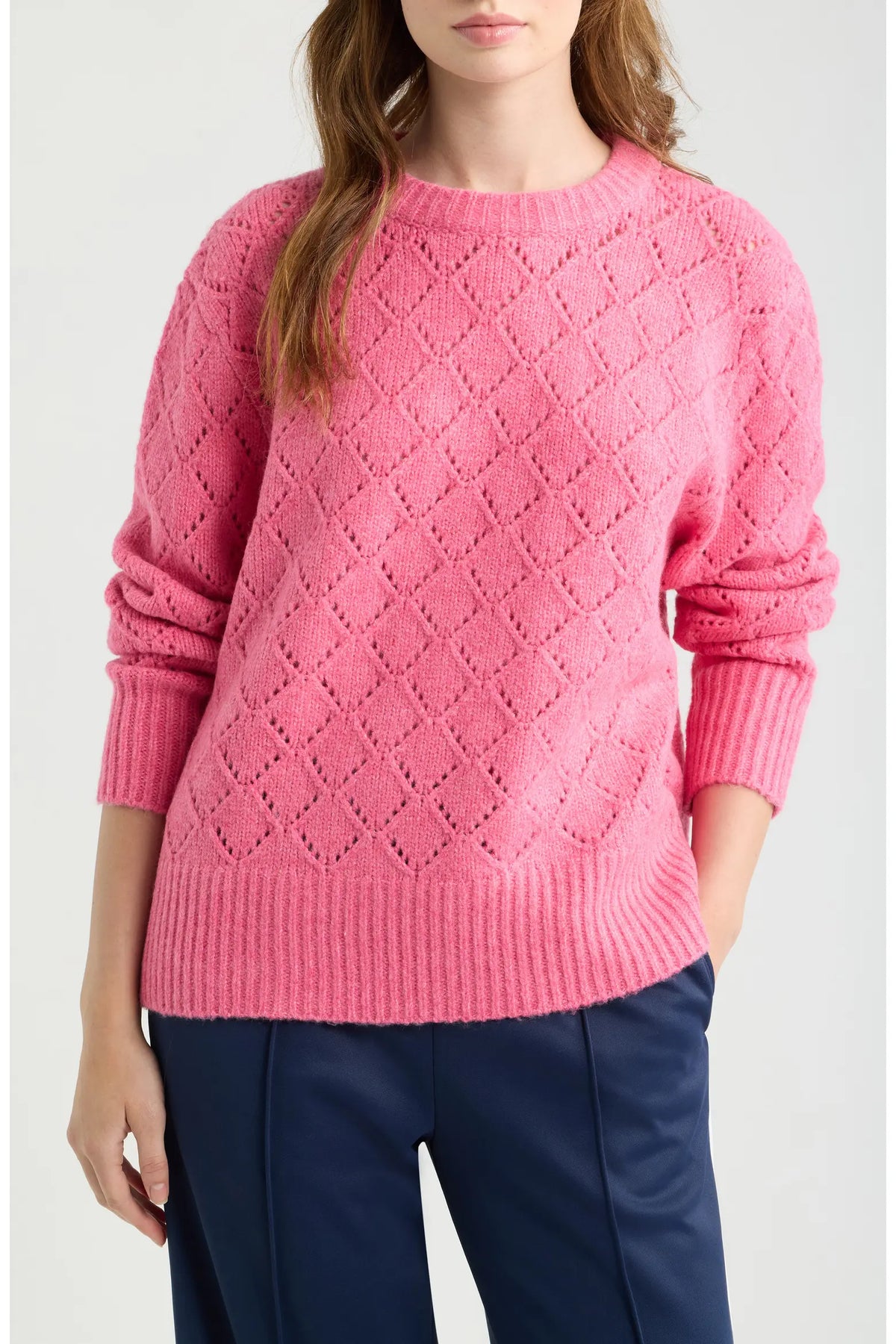 Dèluc | Pull à col rond en tricot pointelle 'Vitosha' | Rose