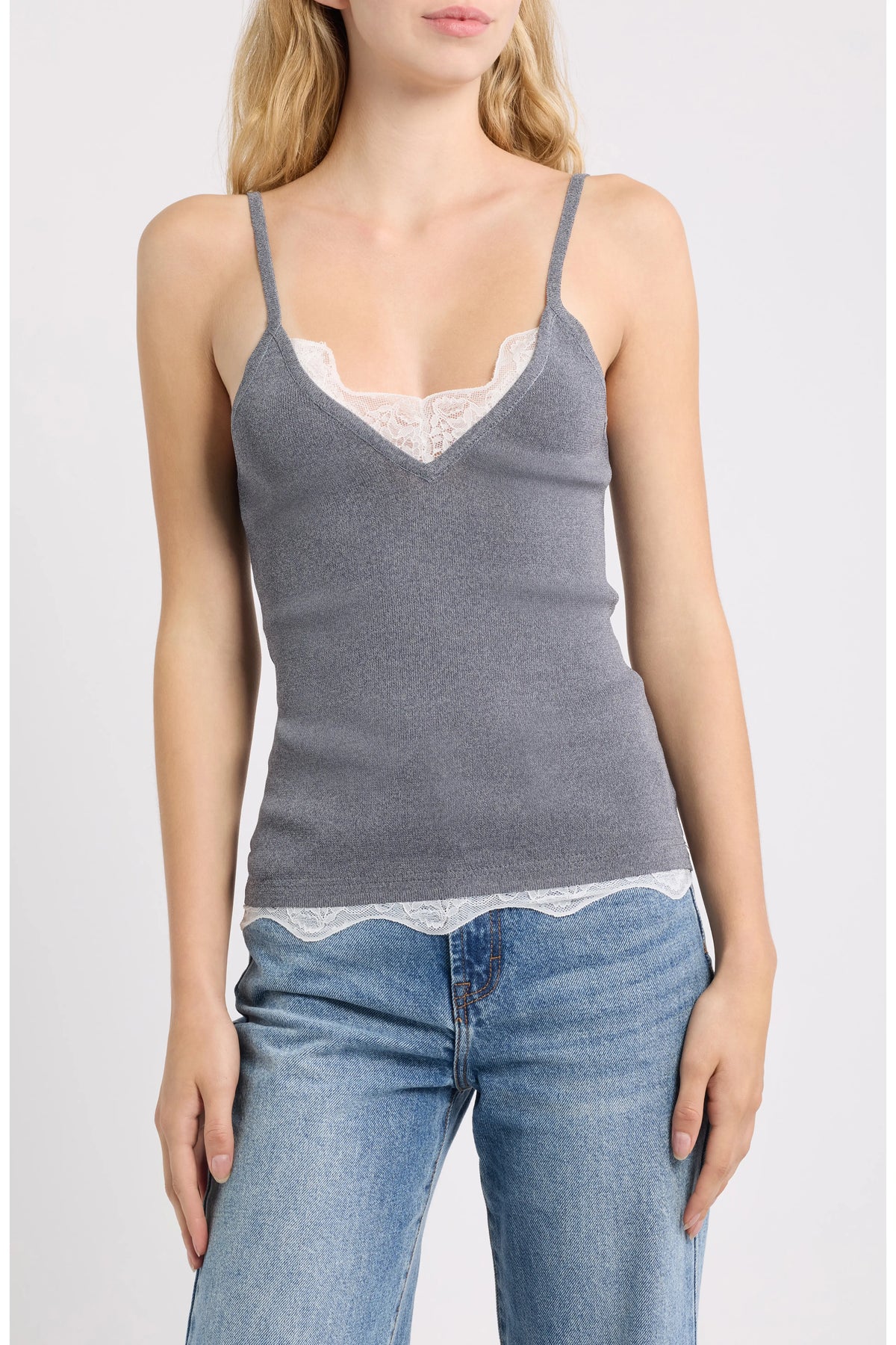 Dèluc | Camisole avec bordure en dentelle 'Television' | Grise