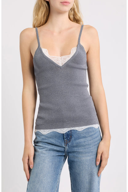 Dèluc | Camisole avec bordure en dentelle 'Television' | Grise