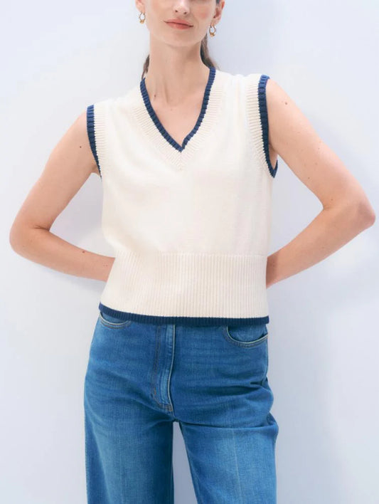 White & Warren | Gilet en coton -Blanc/bleu marine