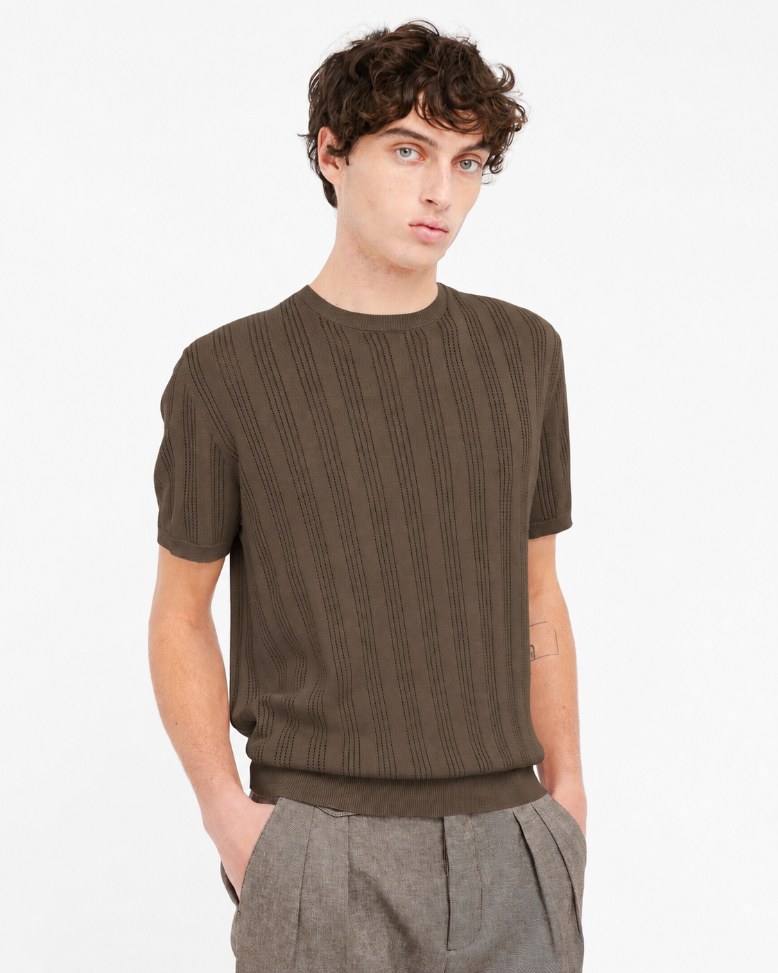 Manuel Ritz | T-shirt en coton à rayures verticales ajourées - Brun