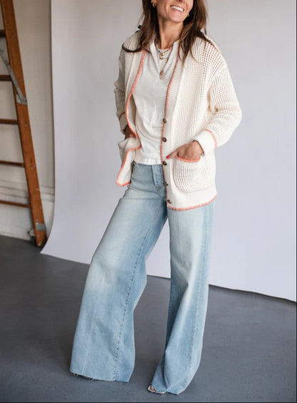 White + Warren | Cardigan en coton organique - Ivoire/orange
