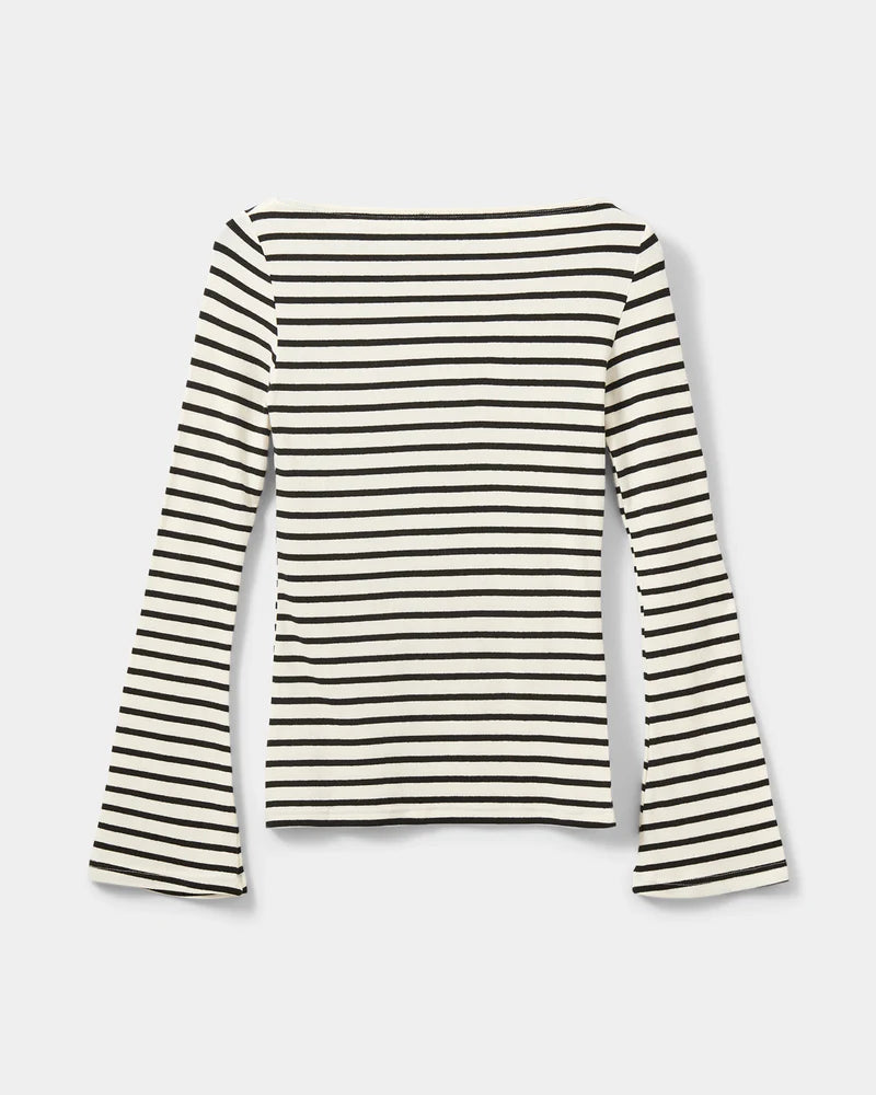 SOFIE SCHNOOR |  T-shirt "CECE" à manches longues et encolure bateau- Blanc cassé/ noir