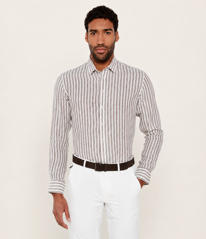 SAND Copenhagen | La chemise en lin rayée « State Soft » - Taupe