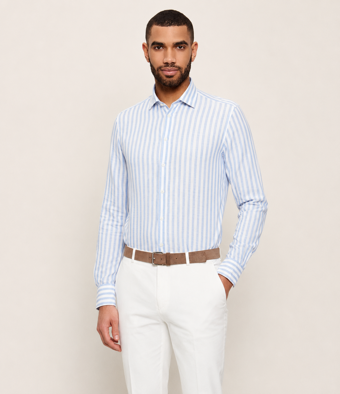SAND Copenhagen | La chemise en lin rayée « State Soft » - Bleu clair