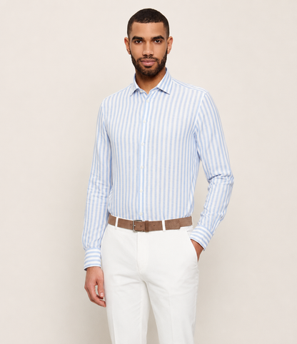 SAND Copenhagen | La chemise en lin rayée « State Soft » - Bleu clair