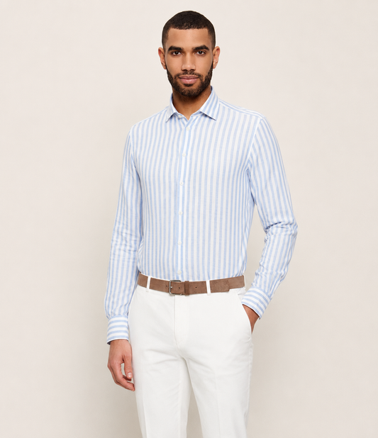 SAND Copenhagen | La chemise en lin rayée « State Soft » - Bleu clair
