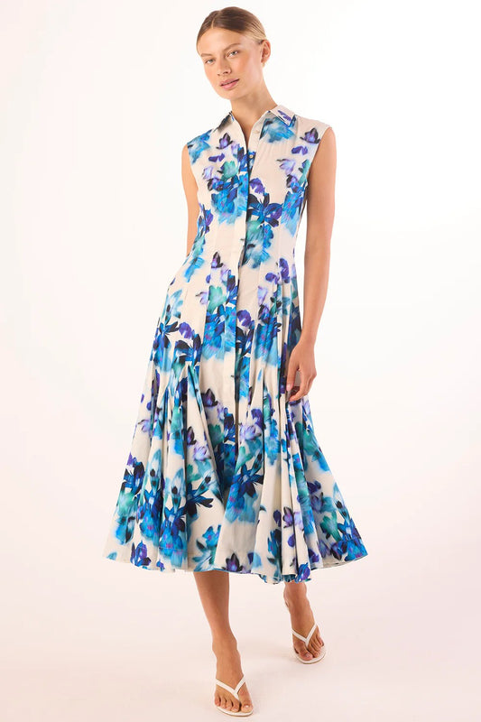 MISA | Robe chemise plissée sans manches ''Charlotte'' - imprimé floral estompé