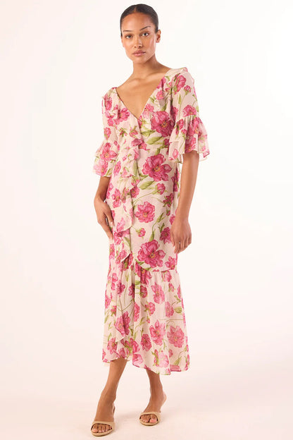 MISA | La robe midi ''Madeline'' - imprimé fleurs fuchsia