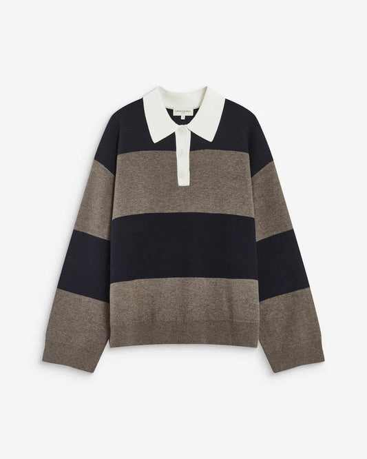 GRACE & MILA | Pull ample à rayures avec col polo et manches longues 'Astre' | Marine