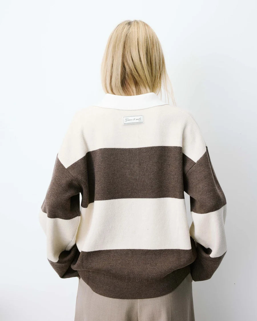 GRACE & MILA | Pull ample à rayures avec col polo et manches longues 'Astre' | Sable