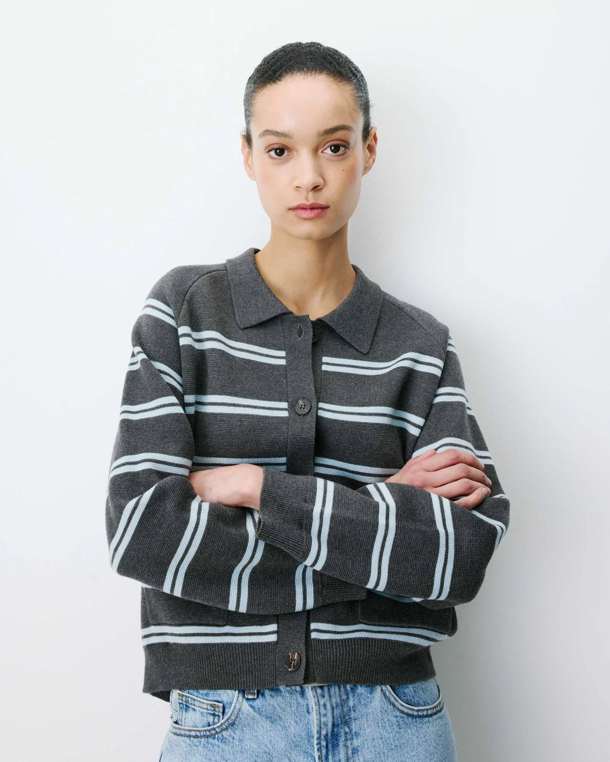 GRACE & MILA | Cardigan rayé en maille milano avec col chemise 'Ardenis' | Anthracite