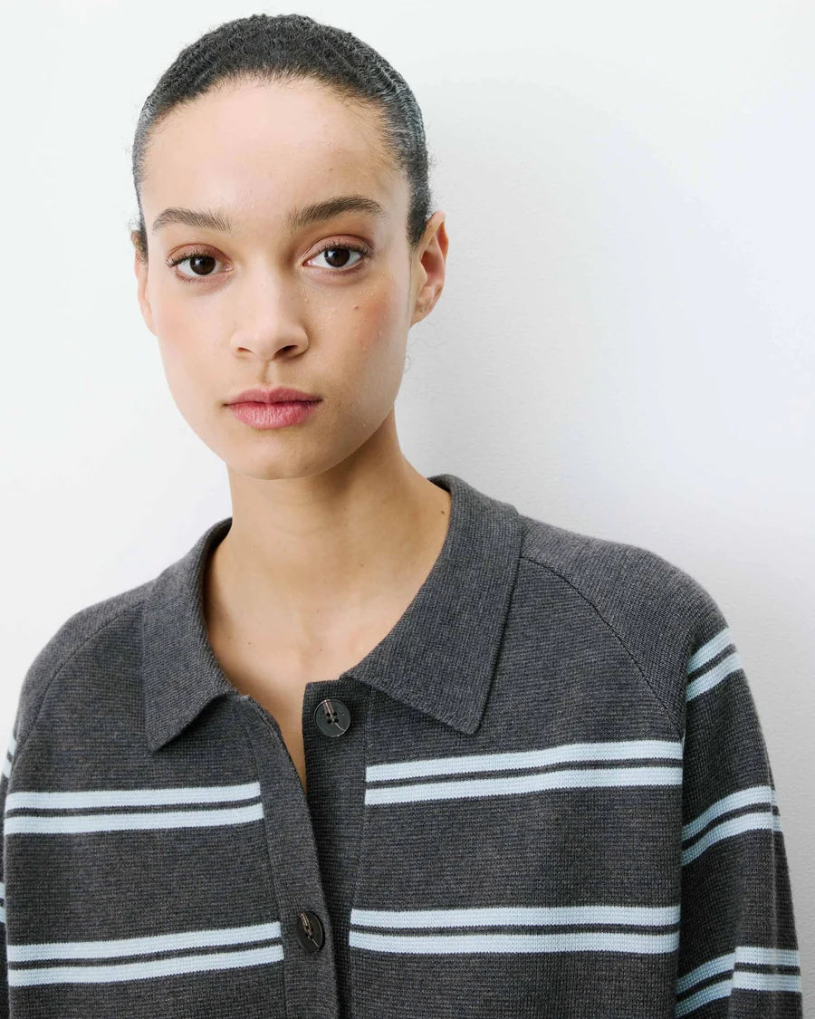 GRACE & MILA | Cardigan rayé en maille milano avec col chemise 'Ardenis' | Anthracite