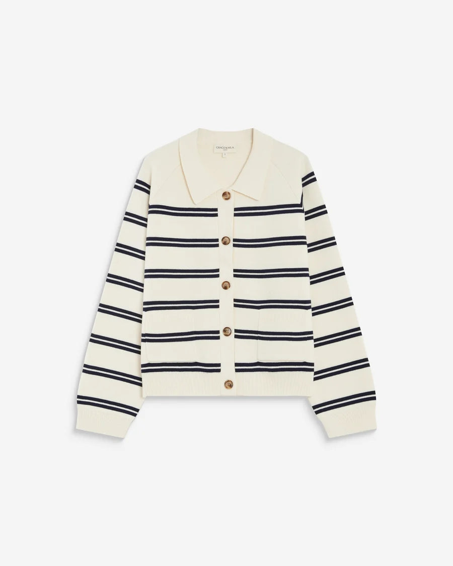 GRACE & MILA | Cardigan rayé en maille milano avec col chemise 'Ardenis' | Ecru