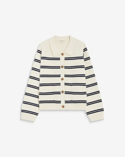 GRACE & MILA | Cardigan rayé en maille milano avec col chemise 'Ardenis' | Ecru