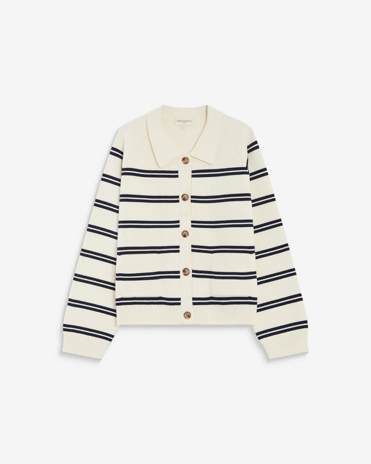 GRACE & MILA | Cardigan rayé en maille milano avec col chemise 'Ardenis' | Ecru