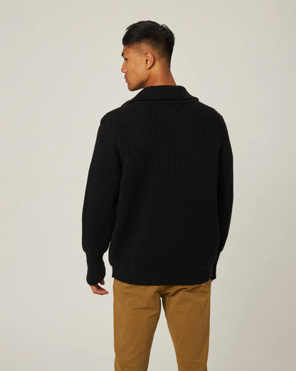 Peregrine | Le Cardigan ''Fisherman'' en laine mérinos - Noir