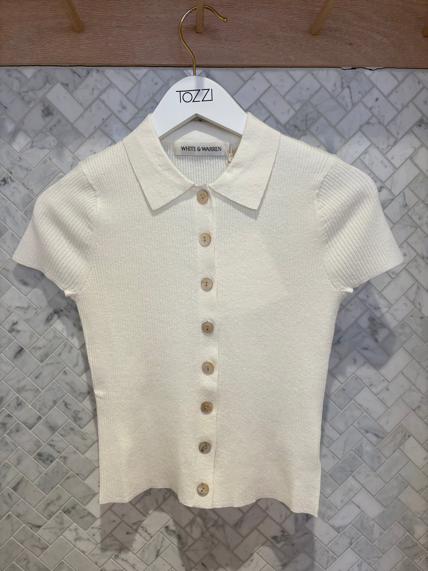 White & Warren | Chandail en manches courtes en coton/ lin -Blanc cassé