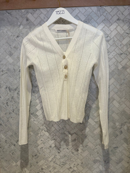 White & Warren | Chandail "Henley" en  coton/ lin - Blanc