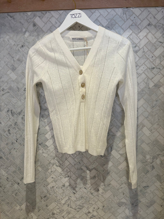 White & Warren | Chandail "Henley" en  coton/ lin - Blanc