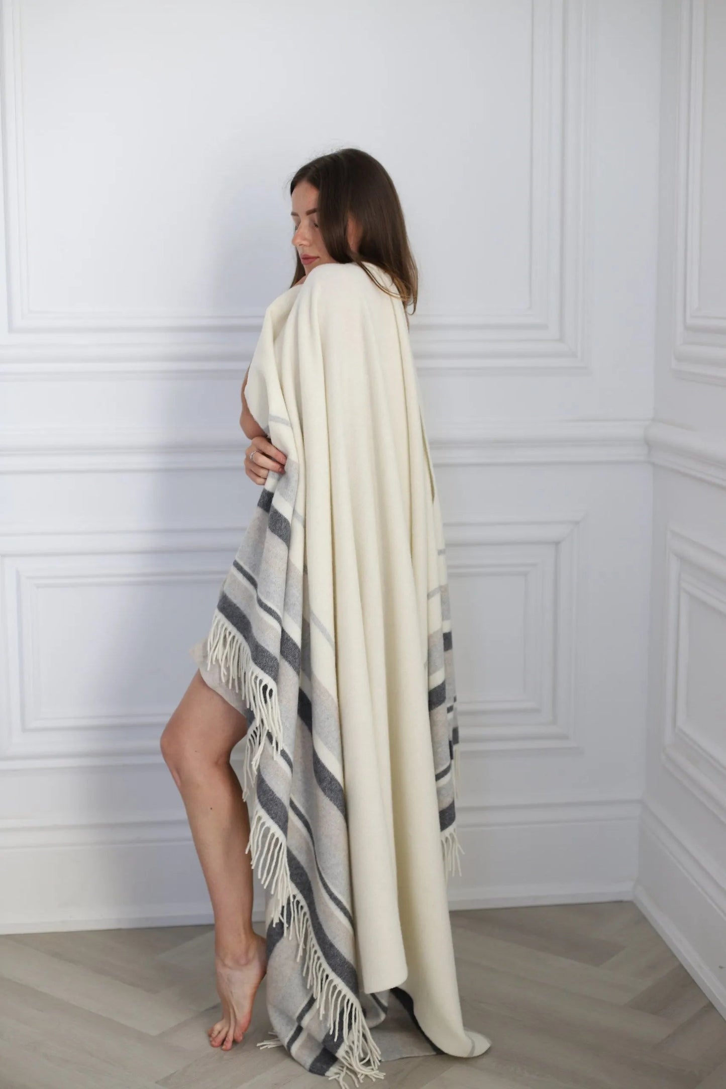 Linen Way | Couverture en cachemire "Malmo"- Ivoire/Gris