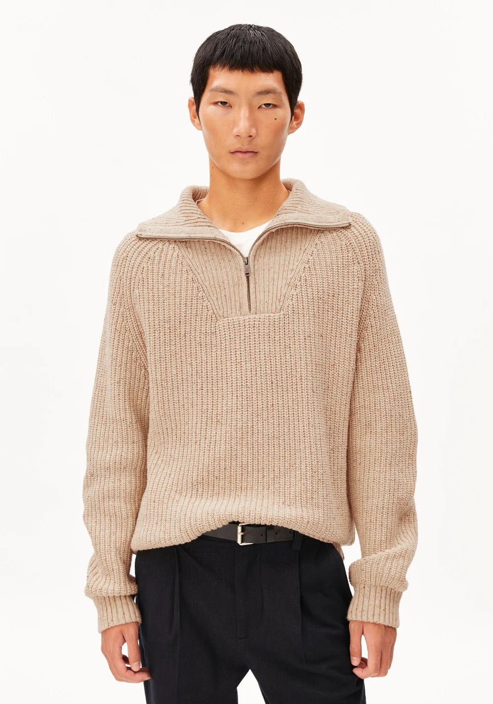 ARMEDANGELS | Pull en tricot de tweed à demi-fermeture éclair - Crème