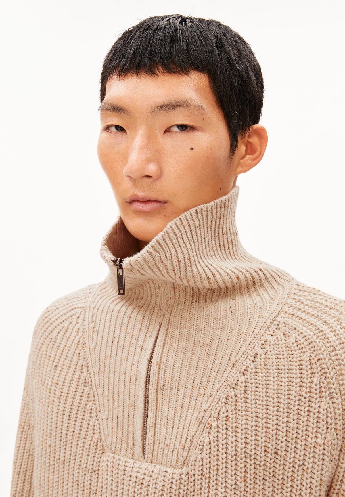 ARMEDANGELS | Pull en tricot de tweed à demi-fermeture éclair - Crème