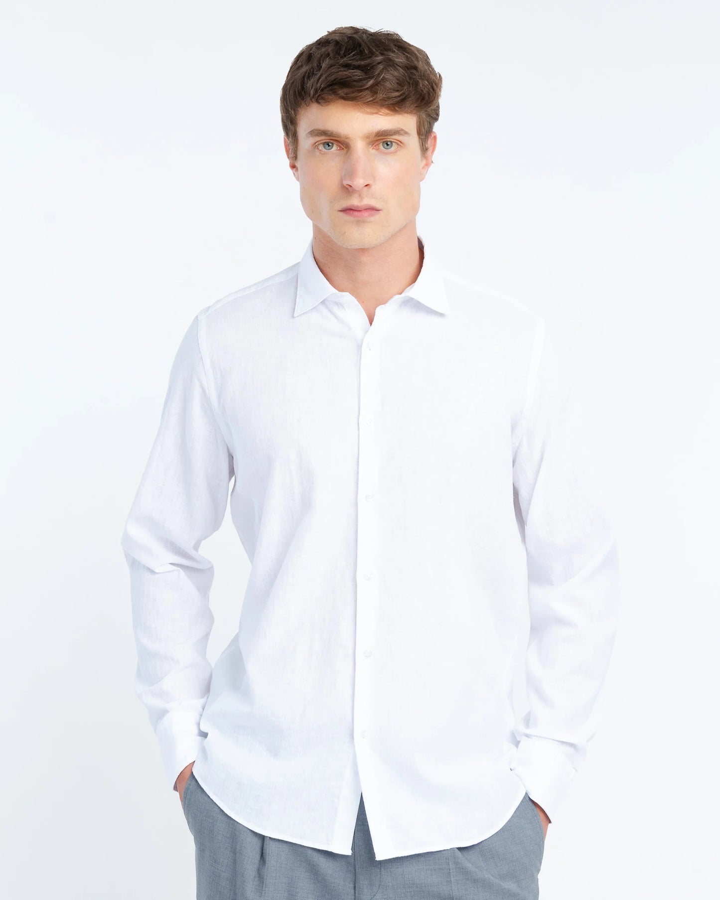 Manuel Ritz | Chemise slim fit en coton et lin délavée - Blanc