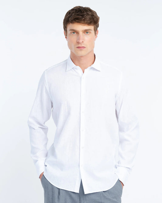 Manuel Ritz | Chemise slim fit en coton et lin délavée - Blanc