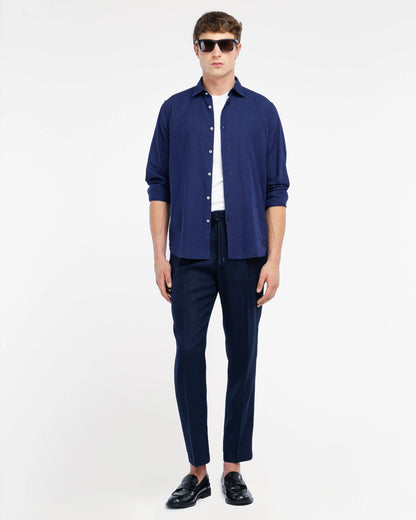 Manuel Ritz | Chemise slim fit en coton et lin délavée - Bleu marine