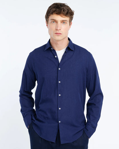 Manuel Ritz | Chemise slim fit en coton et lin délavée - Bleu marine