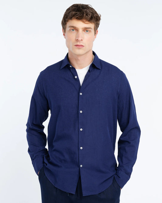 Manuel Ritz | Chemise slim fit en coton et lin délavée - Bleu marine