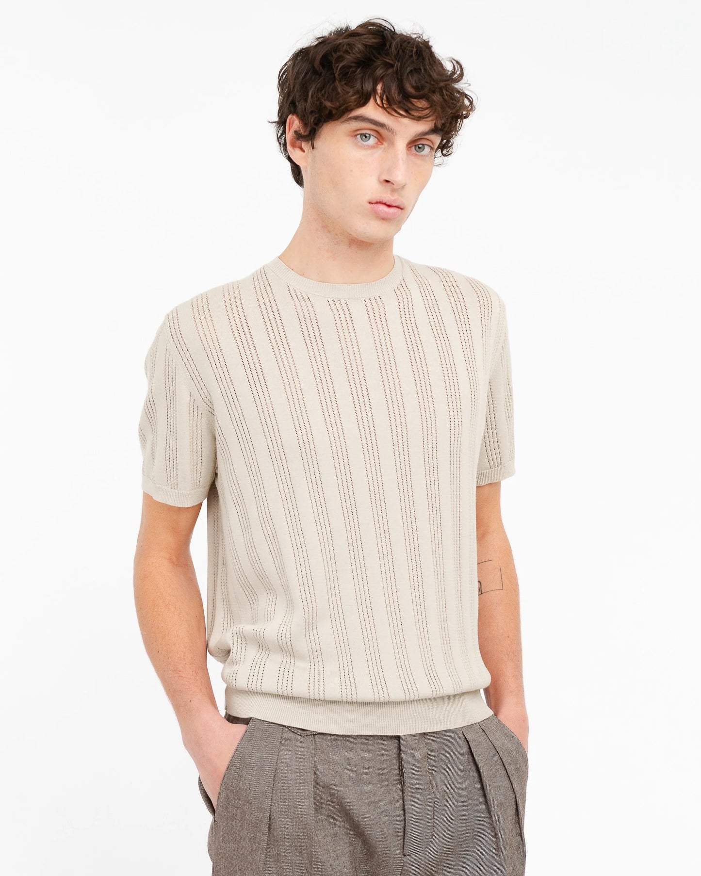 Manuel Ritz | T-shirt en coton à rayures verticales ajourées - Taupe