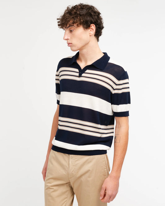 Manuel Ritz | Polo en maille à col ouvert et rayures multiples - Bleu marine