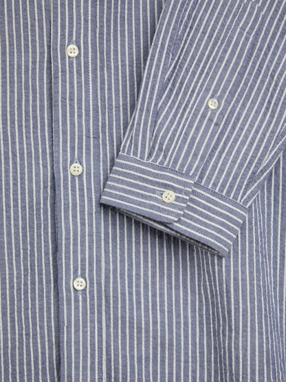 OLIVER SPENCER | Chemise seersucker à rayures blanc "Brook" - Bleu