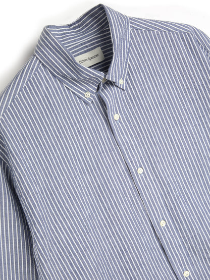 OLIVER SPENCER | Chemise seersucker à rayures blanc "Brook" - Bleu